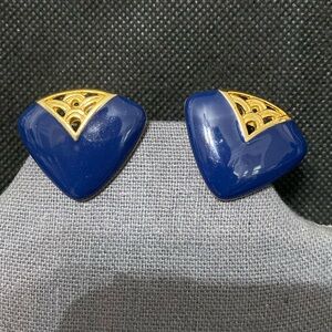 Vintage 80’s Gold Tone with Blue Enamel Triangle pierced earrings